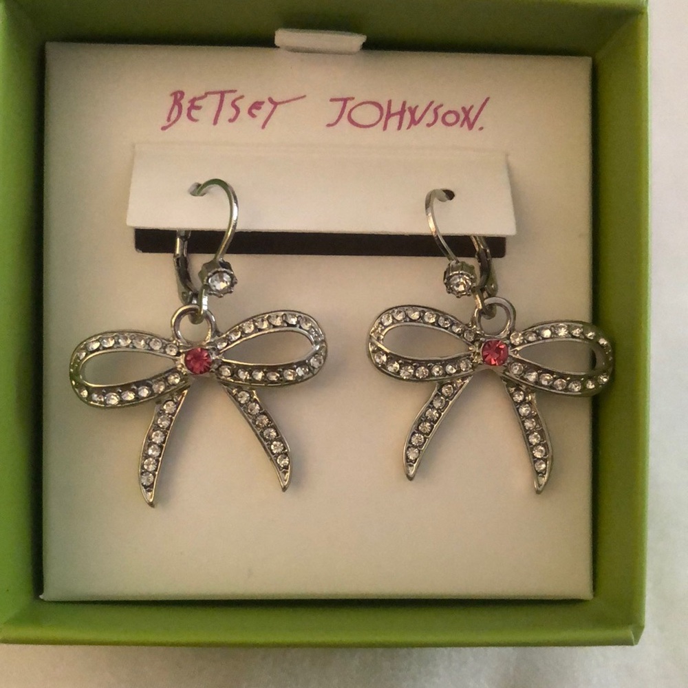 Betsey Johnson Silver Tone Bow Drop Earrings Clear & Pink Crystal Accents NIB